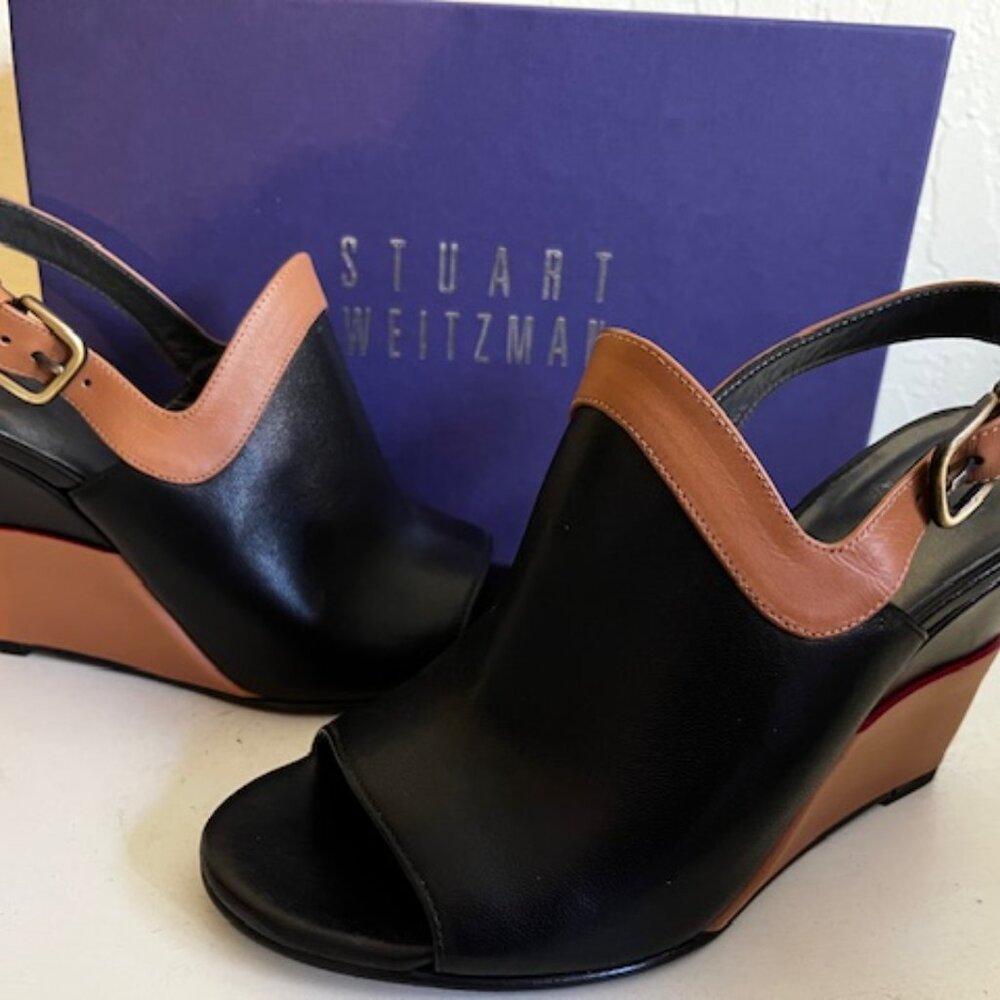 Stuart Weitzman Black and Tan Leather Wedge Sandals